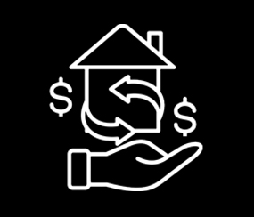 A white outline of a hand holding a house with two arrows forming a loop inside, flanked by dollar signs, on a black background, symbolizing real estate investment or home financing.