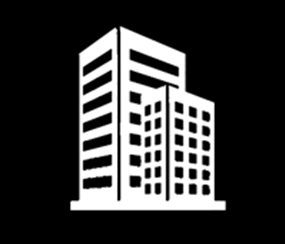 Simple white icon of two adjacent tall buildings with multiple windows, set against a solid black background.