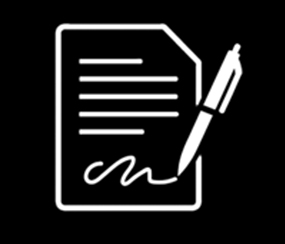 A white icon on a black background showing a document with lines of text and a pen signing at the bottom.
