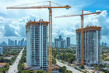 Two tall yellow construction cranes stand beside partially completed high-rise buildings in a cityscape, with other skyscrapers and a tree-lined street visible under a partly cloudy sky.