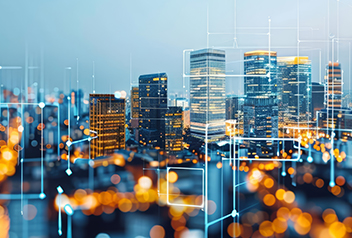 A city skyline at dusk with illuminated buildings. Abstract glowing lines and nodes are overlaid, symbolizing digital connectivity and smart technology integration within the urban landscape.